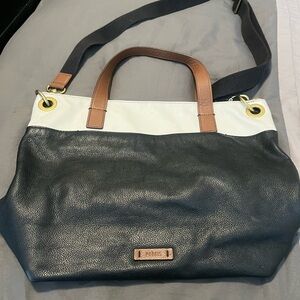 Vintage Fossil Black Pebbled Leather Bag with Tan Logo Patch